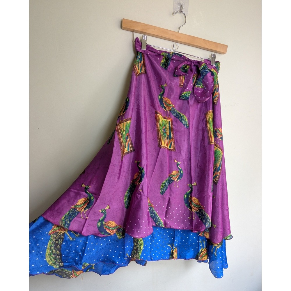 Peacock Print Sari Wrap Maxi‎ Skirt OS Purple Blue Festival Hippie Boho 48x36